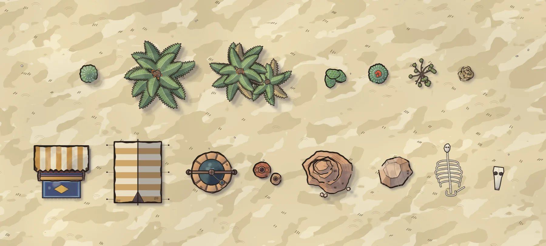 Fablekeep’s desert assets on sand: saguaro, palms, an oasis palm cluster, prickly pear, barrel cactus, dry shrub and tumbleweed; a market stall, desert tent, well, clay pots, mesa rock, sandstone, a ribcage and a skull.