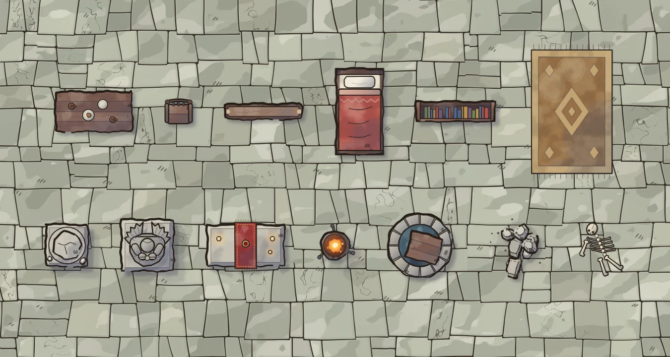 Fablekeep’s interior and dungeon assets on flagstone: table, chair, bench, bed, shelf and rug; pillar, statue, altar, brazier, well, rubble and bones.