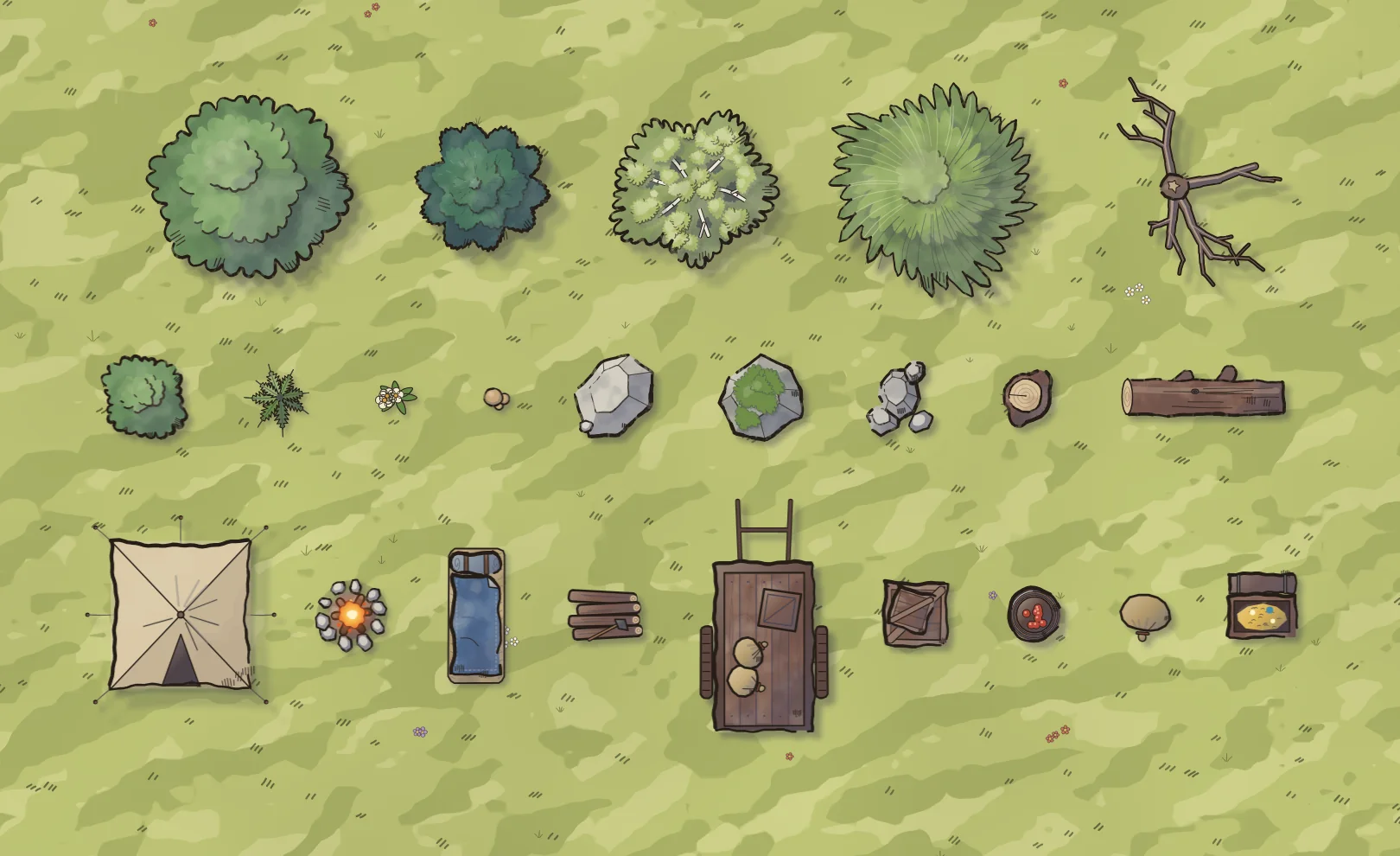 Fablekeep’s woodland and camp assets on grass: oak, pine, birch, willow and dead tree; bushes, ferns, flowers, rocks, stump and log; tent, campfire, bedroll, firewood, cart, crate, barrel, sack and chest.