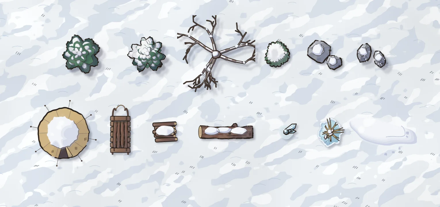Fablekeep’s winter assets on snow: snowy pine and fir, a bare winter tree, snowy bush and rocks, a snowy tent, sled, firewood, a frozen log, ice shards, frozen reeds and a snowdrift.