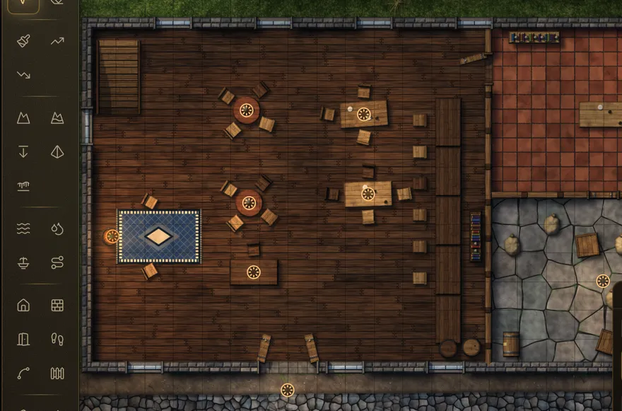 The Battlemap Forge in Fablekeep: a tavern laid out by a generator, with its tool rail, and a hand-built forest camp on a woodland road.