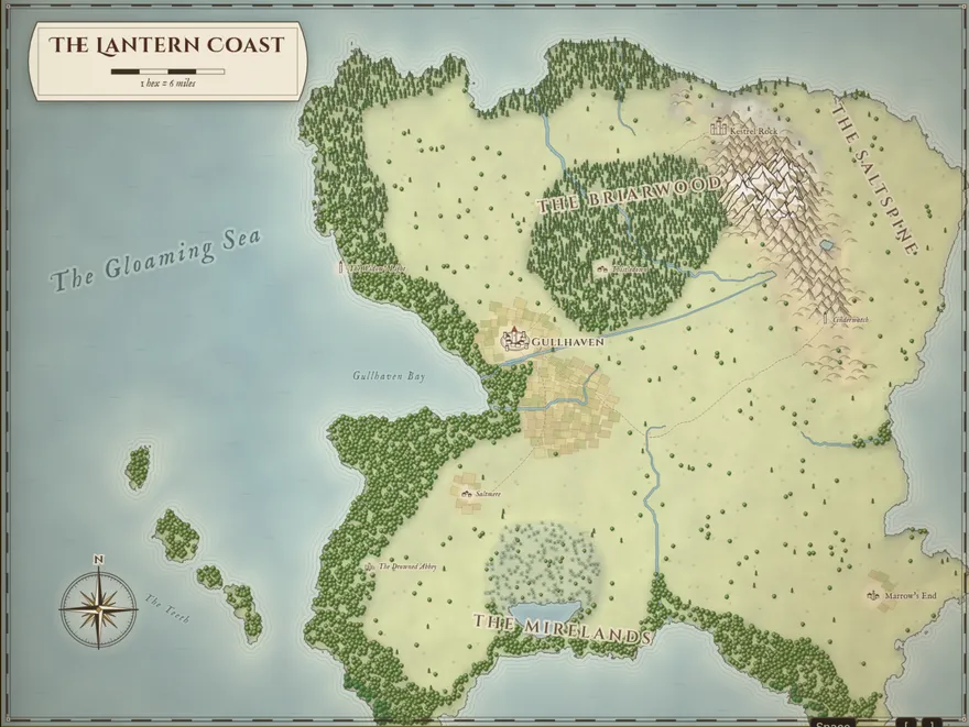 The Map Forge in Fablekeep: a rough guide of roads and ranges, and the hand-inked map of the Lantern Coast drawn from it.