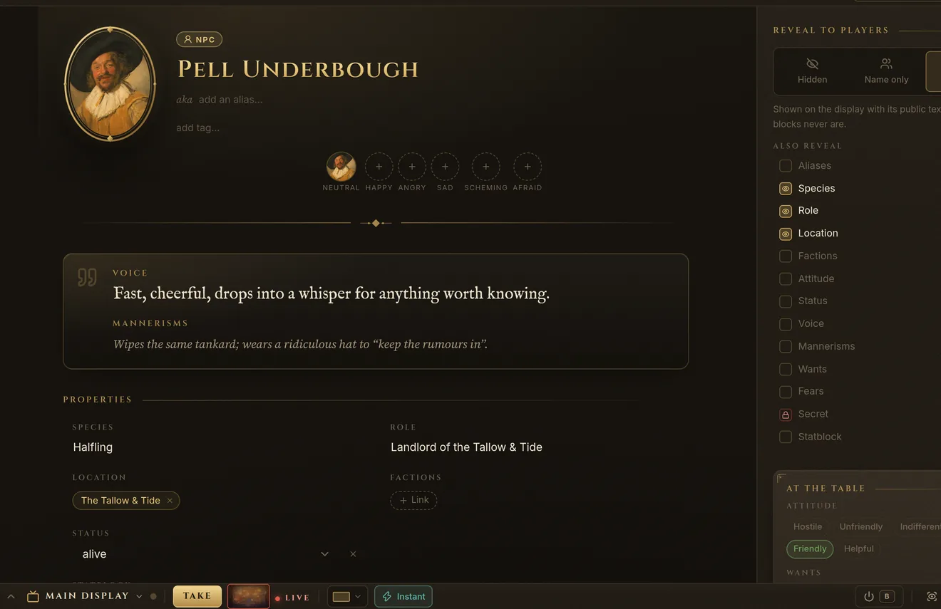 The NPC page of Pell Underbough in Fablekeep: a portrait from Frans Hals’ The Merry Drinker, mood set, voice and mannerisms, and what the players may see.