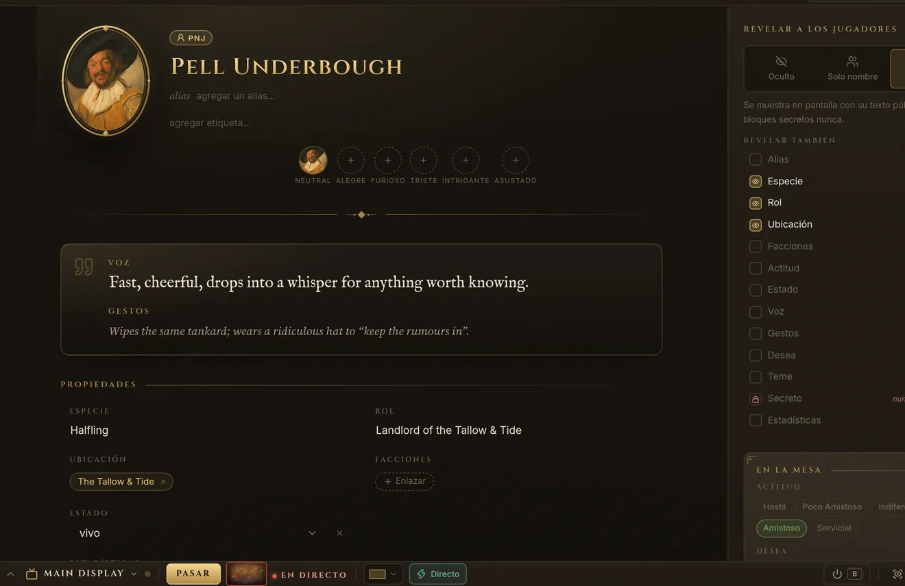 La página de Pell Underbough en Fablekeep: retrato tomado de El alegre bebedor de Frans Hals, juego de expresiones, voz, gestos y lo que pueden ver los jugadores.