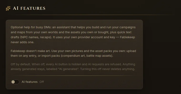 Settings, AI features section with the switch off