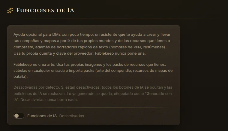 Ajustes, sección Funciones de IA con el interruptor apagado