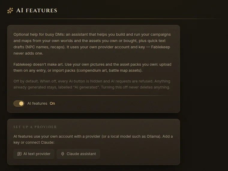 Settings, AI features section turned on, with the two provider buttons