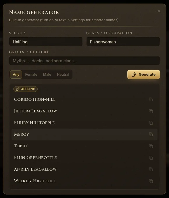 The Name generator dialog with species, occupation and a list of names