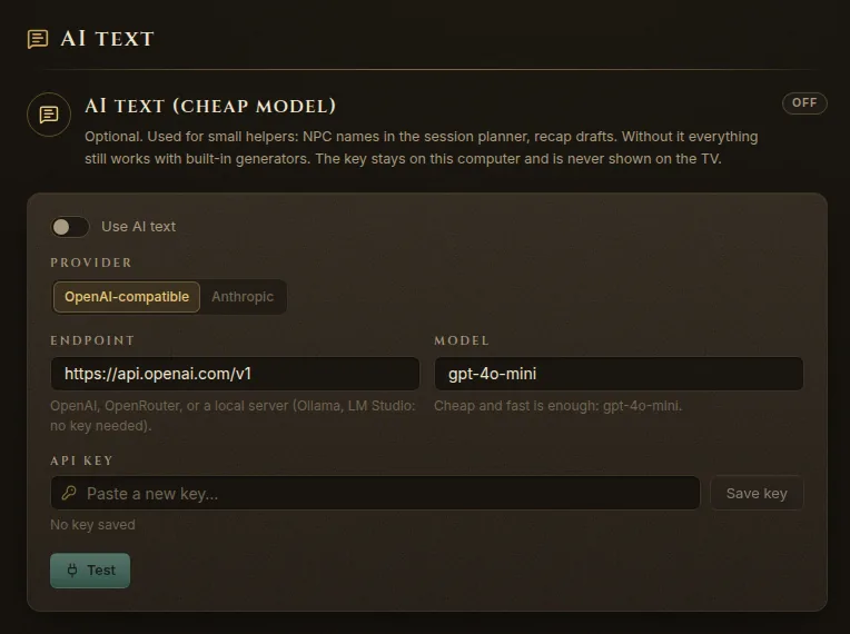 Settings, AI text section with provider, endpoint, model and API key