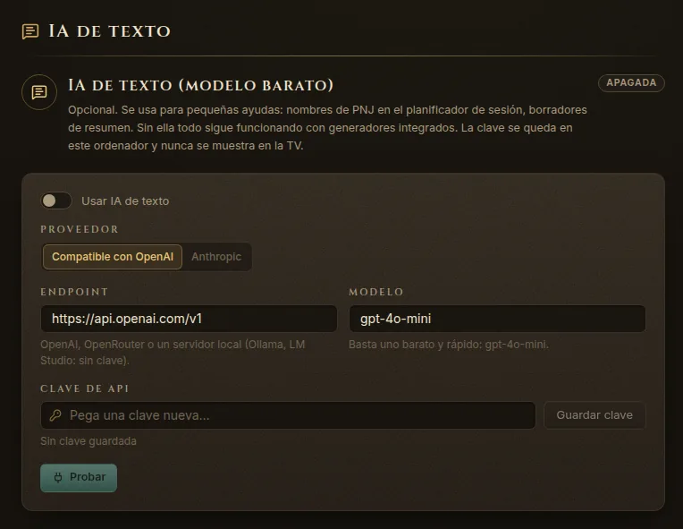 Ajustes, sección IA de texto con proveedor, endpoint, modelo y clave de API