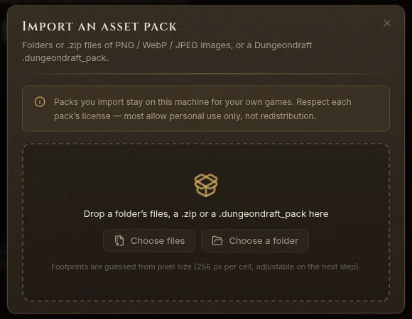 Import an asset pack: the drop zone with Choose files and Choose a folder