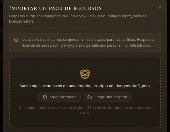 Importar un pack de recursos: la zona para soltar con Elegir archivos y Elegir una carpeta