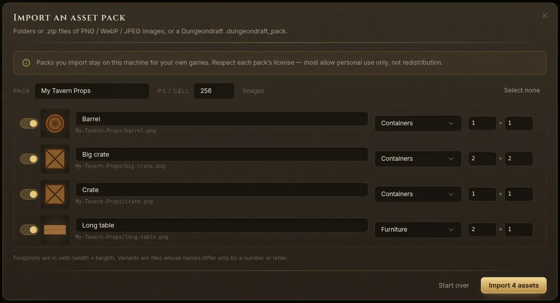 The review step listing each asset with its category and footprint in cells