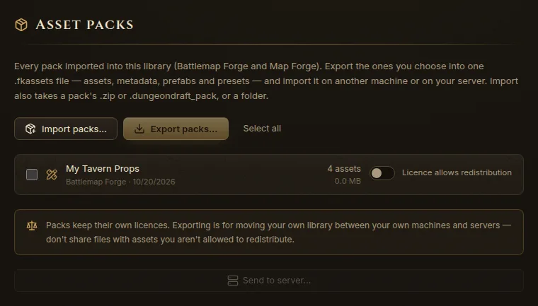Settings, Asset packs with an imported pack and its Licence allows redistribution switch