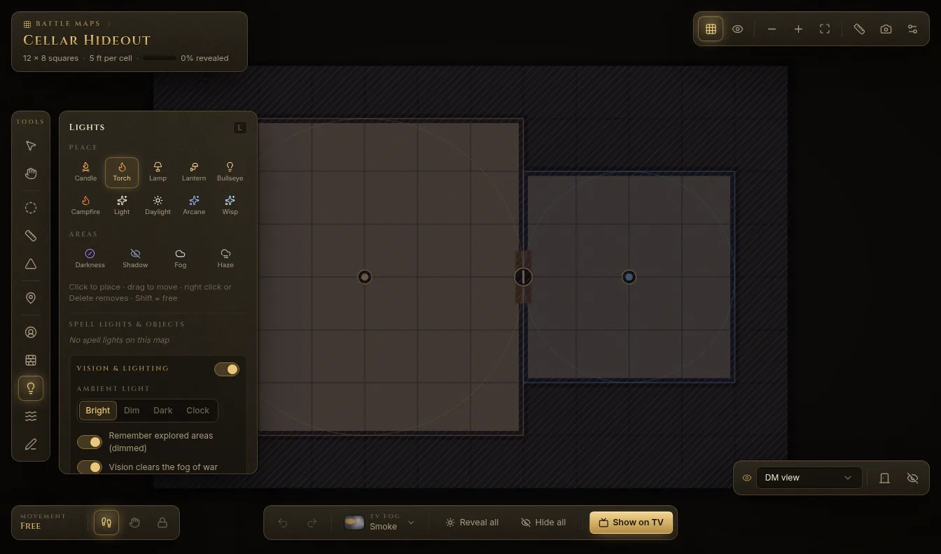 A battle map imported from a Universal VTT file, with the Lights panel open: its walls, its door and its two lights