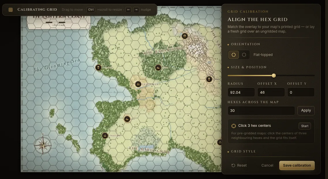 The grid calibration panel next to the map, with orientation, radius, offsets and hexes across