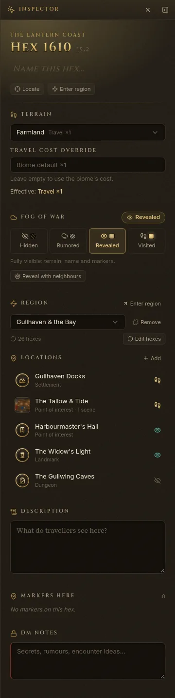 The inspector showing hex 1610: terrain, travel cost, fog of war and region