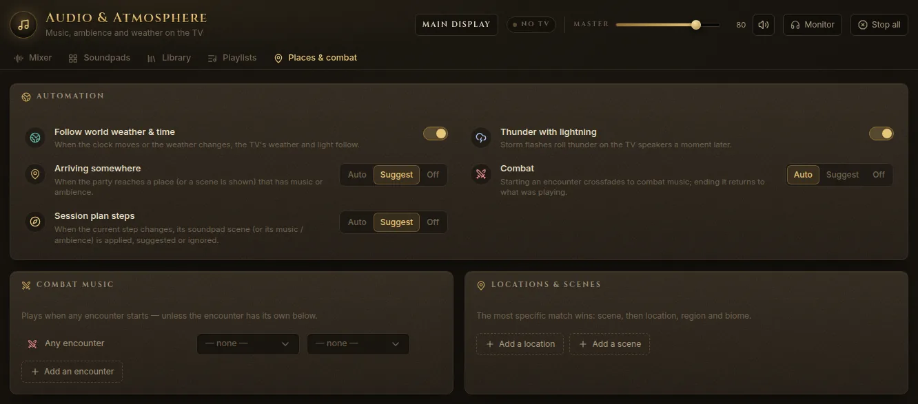 Places & combat: automation switches, combat music, and music for locations and scenes