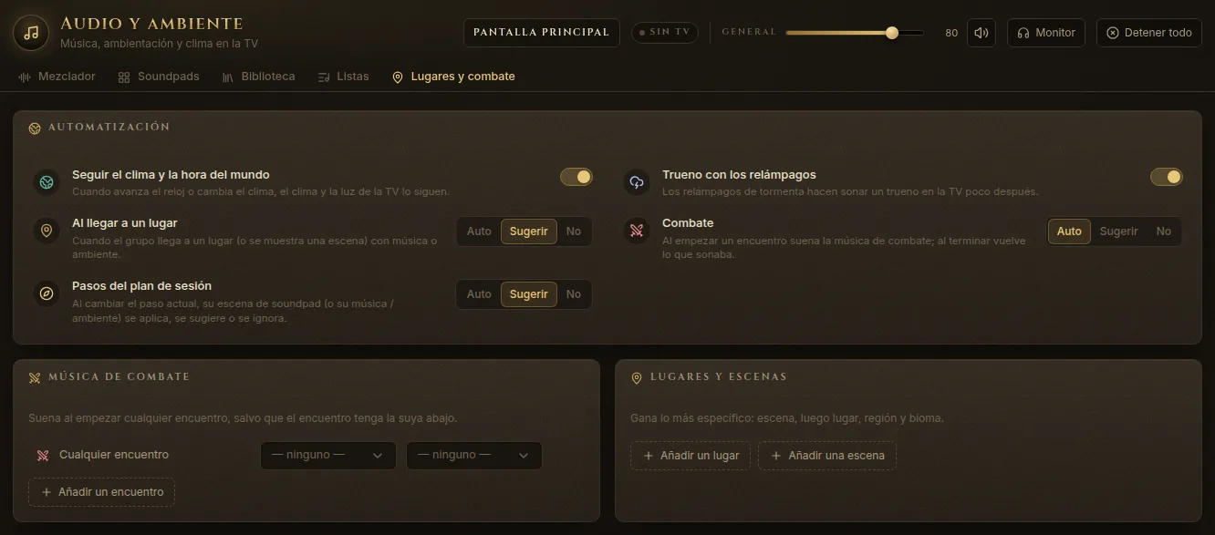 Lugares y combate: interruptores de automatización, música de combate y música para lugares y escenas
