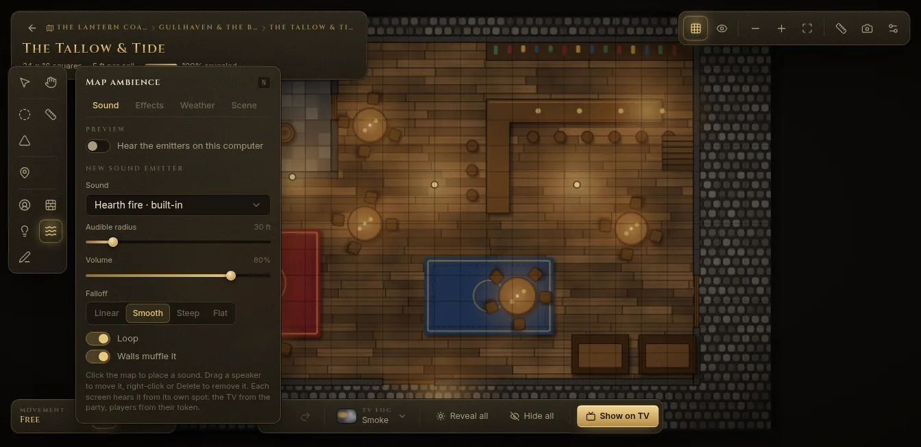 The Map ambience panel on a battle map: a new sound emitter with Hearth fire, radius, volume and falloff