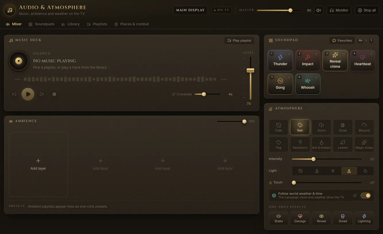 The mixer: the music deck, four ambience slots, the soundpad and the atmosphere controls