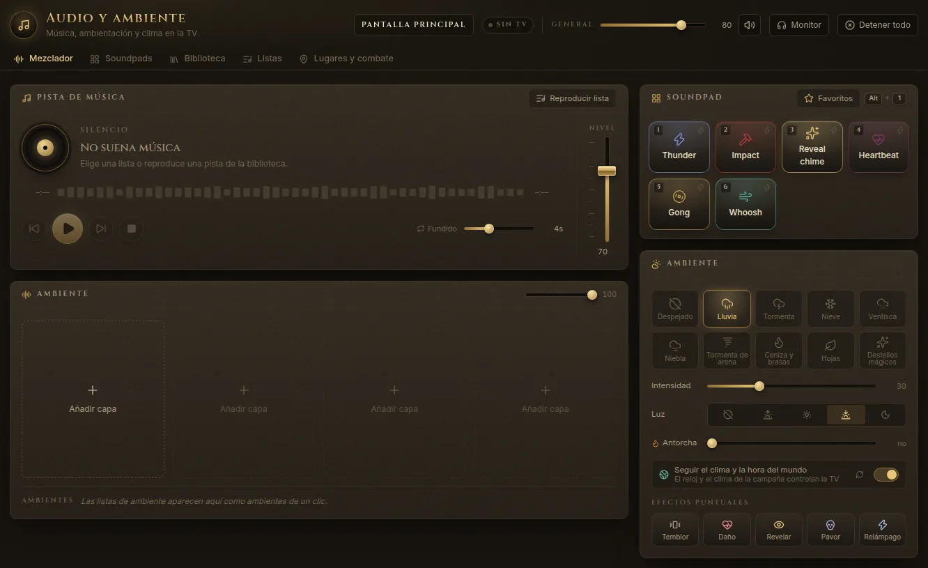 El mezclador: la pista de música, cuatro huecos de ambiente, el soundpad y los controles de ambiente