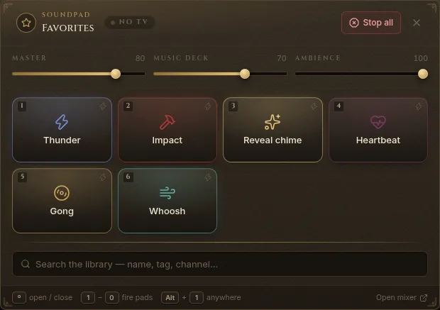 The soundpad: six pads with their keys, the master, music and ambience levels, and the library search