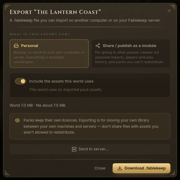 The Export dialog with Personal and Share / publish as a module