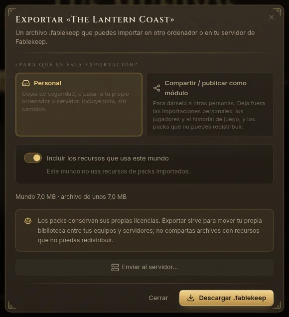 El diálogo Exportar con Personal y Compartir / publicar como módulo