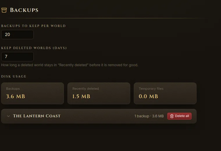 Settings, Backups section with backups to keep, disk usage and the list of backups