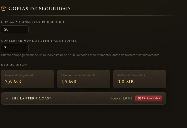 Ajustes, sección Copias de seguridad con las copias a conservar, el uso de disco y la lista de copias