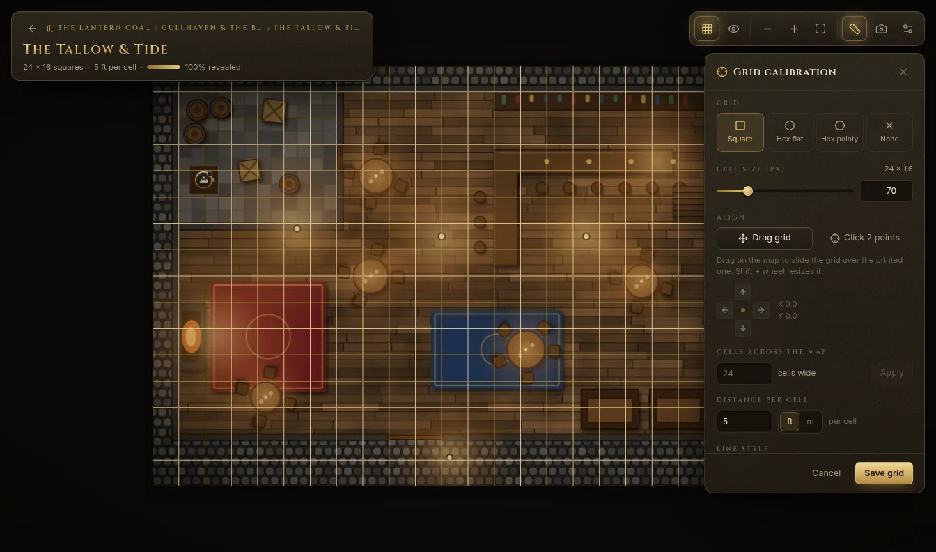 The Grid calibration panel next to a tavern map