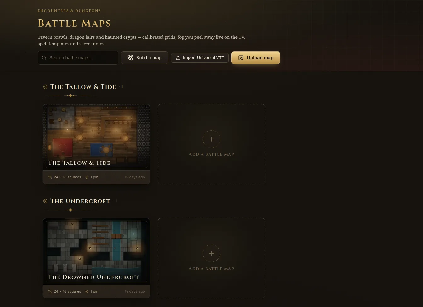 The Battle Maps tab with Build a map, Import Universal VTT and Upload map