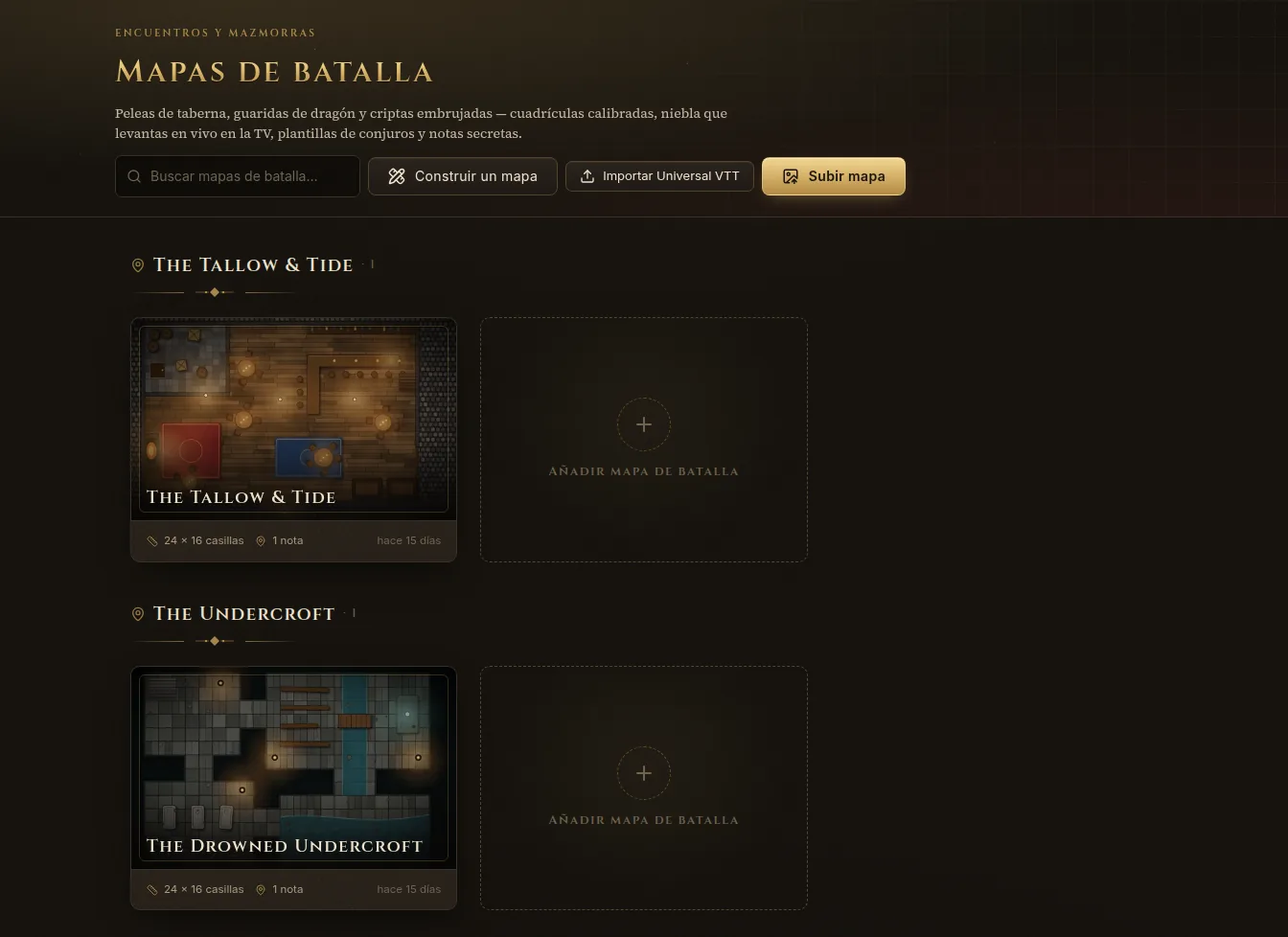 La pestaña Mapas de batalla con Construir un mapa, Importar Universal VTT y Subir mapa