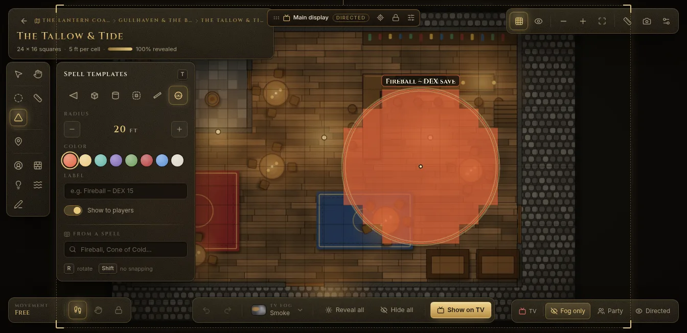 A Fireball sphere template placed on a tavern map, with the Spell templates panel open