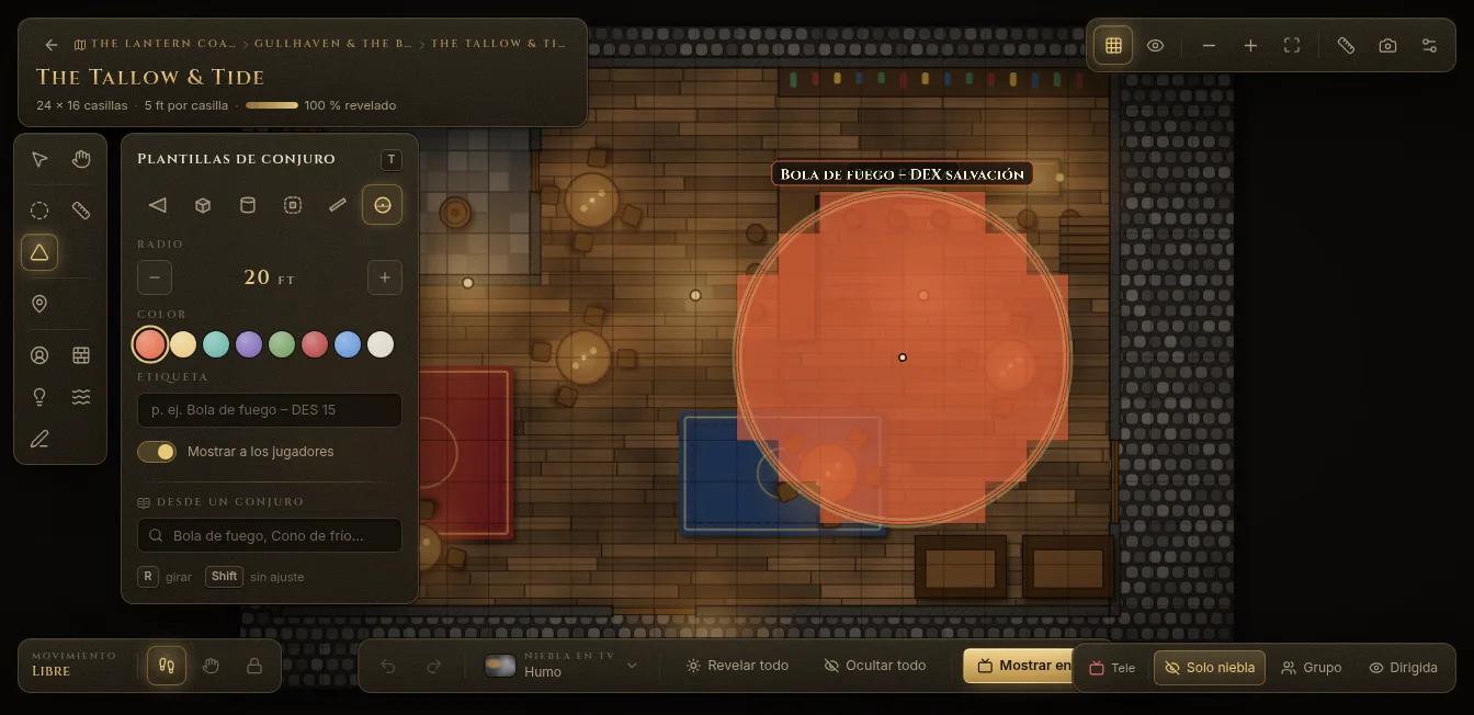 Una plantilla de esfera de Bola de fuego en un mapa de taberna, con el panel Plantillas de conjuro abierto