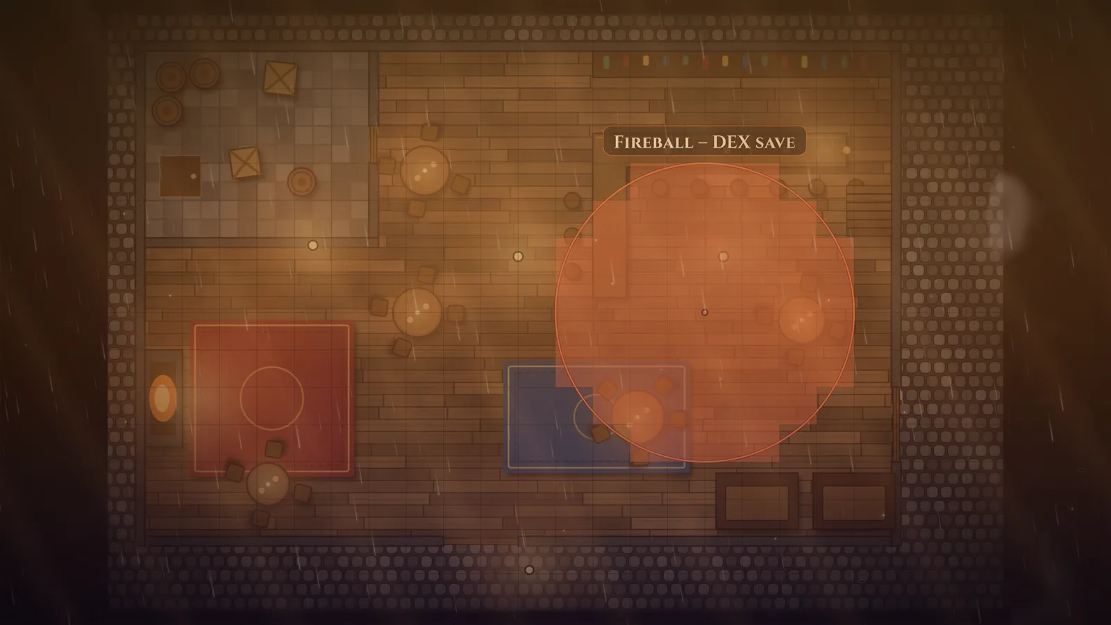The tavern battle map on the TV with the Fireball template