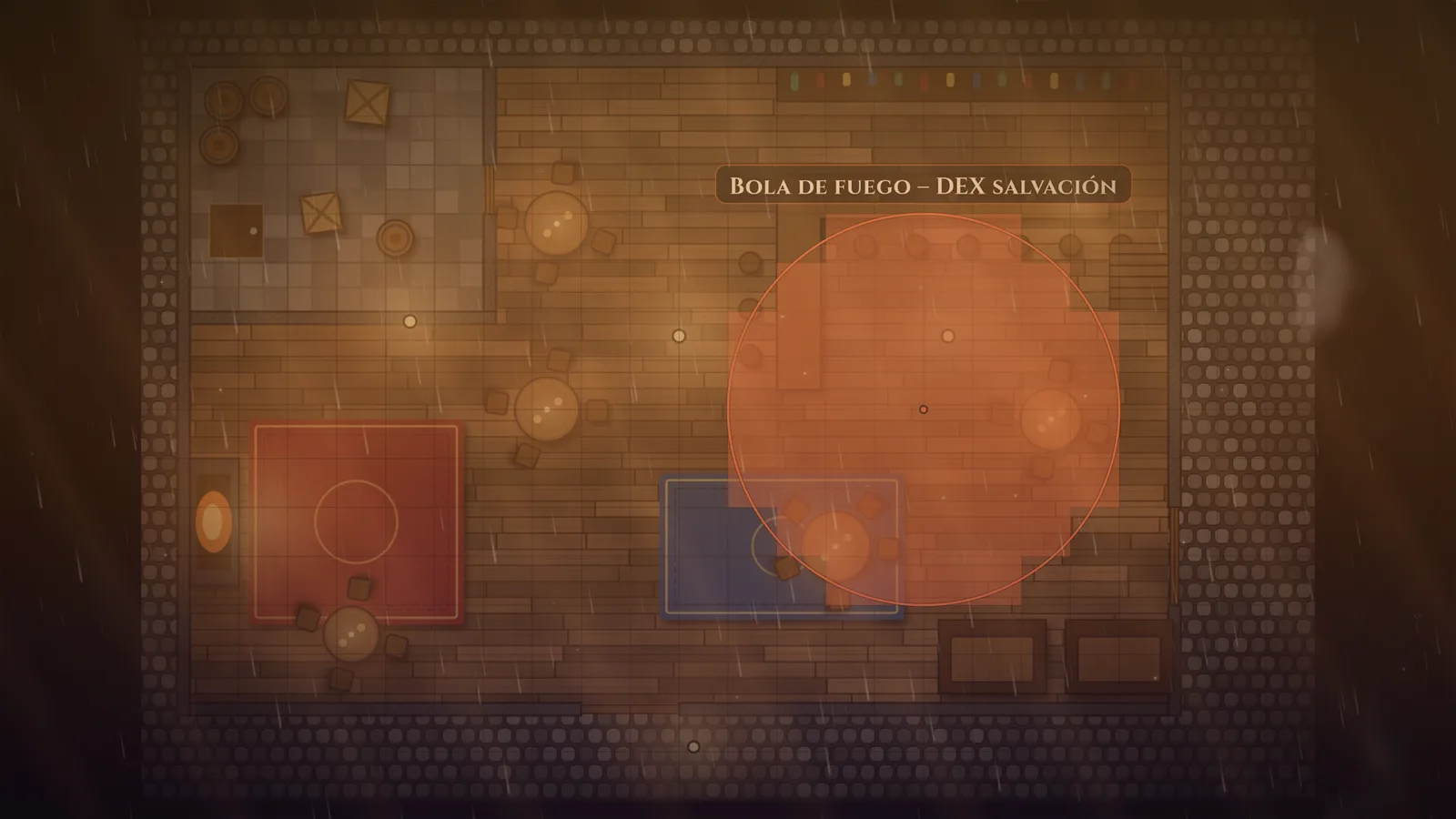 El mapa de la taberna en la tele con la plantilla de Bola de fuego