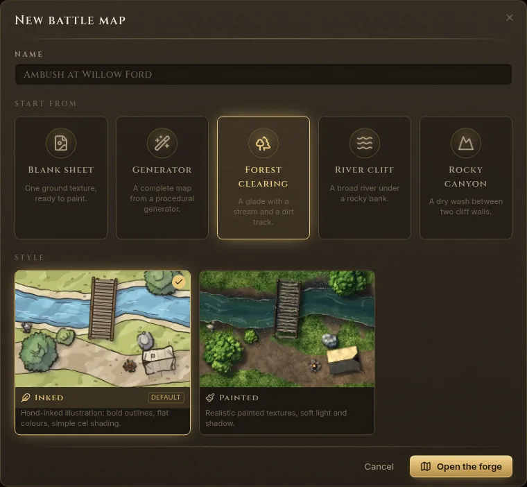 The New battle map dialog with the starting points and the Inked and Painted styles