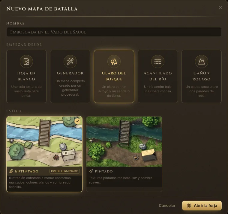El diálogo Nuevo mapa de batalla con los puntos de partida y los estilos Entintado y Pintado