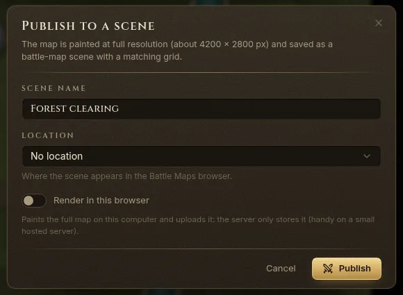 The Publish to a scene dialog with the scene name and location