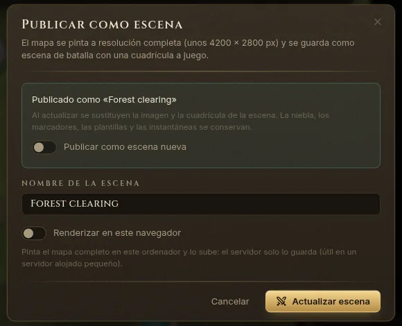 El diálogo Publicar como escena de un mapa ya publicado, con Actualizar escena