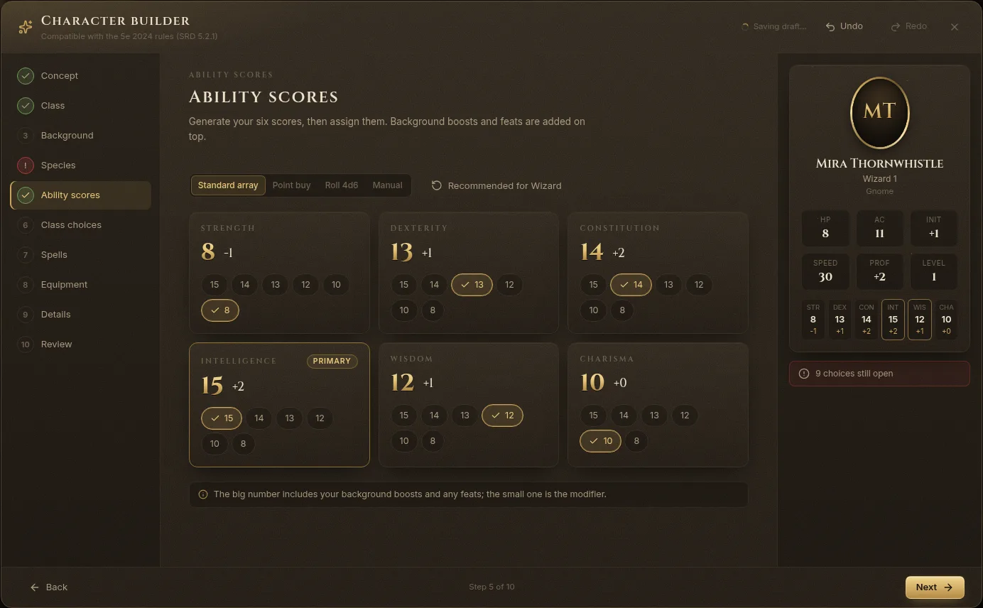 The Ability scores step with the standard array assigned