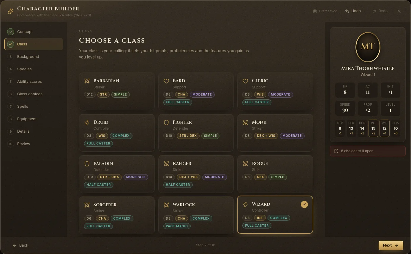 Step 2 of the character creator: choosing a class