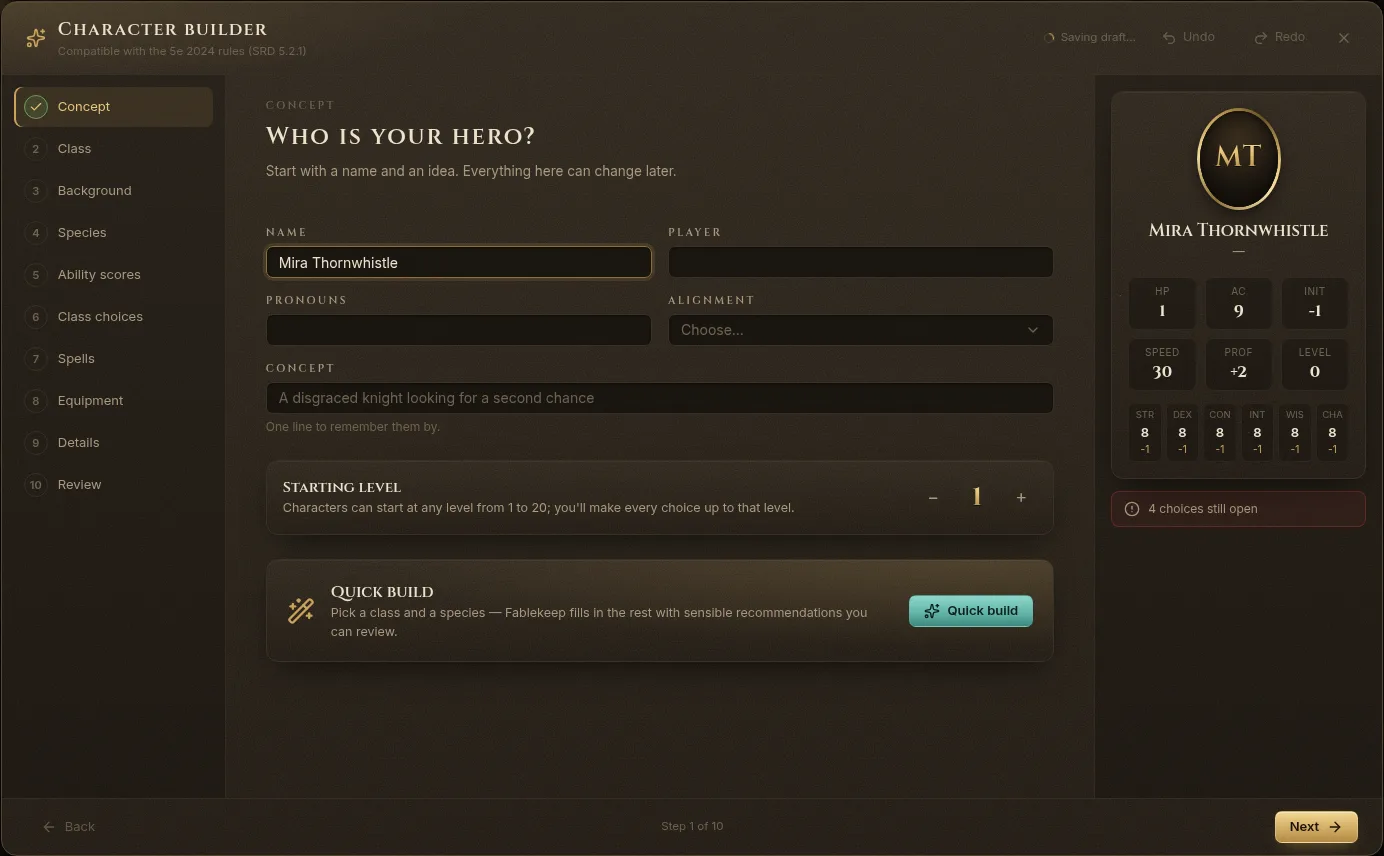 The Concept step with the name, starting level and Quick build