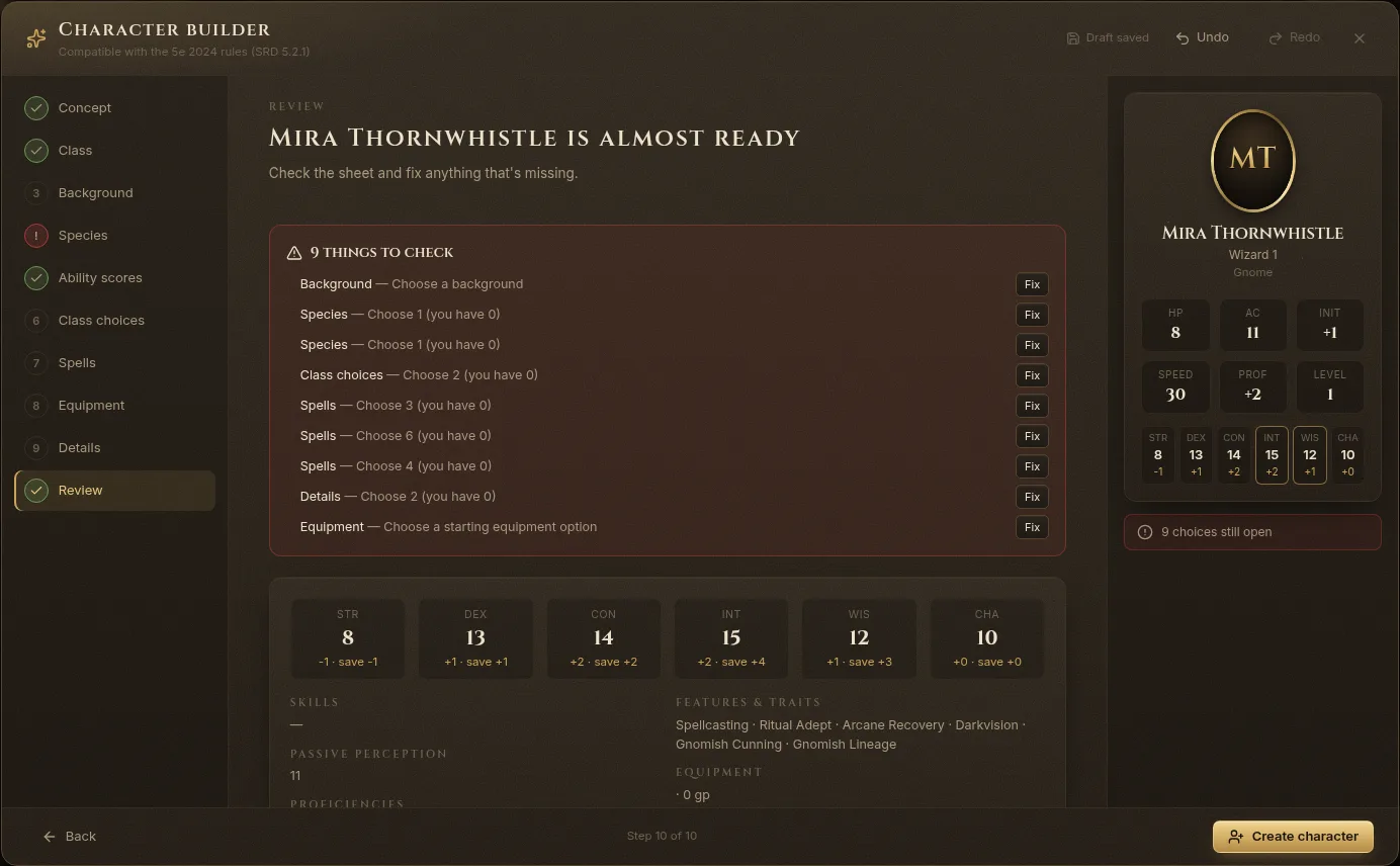 The Review step listing the open choices, with a Fix button for each