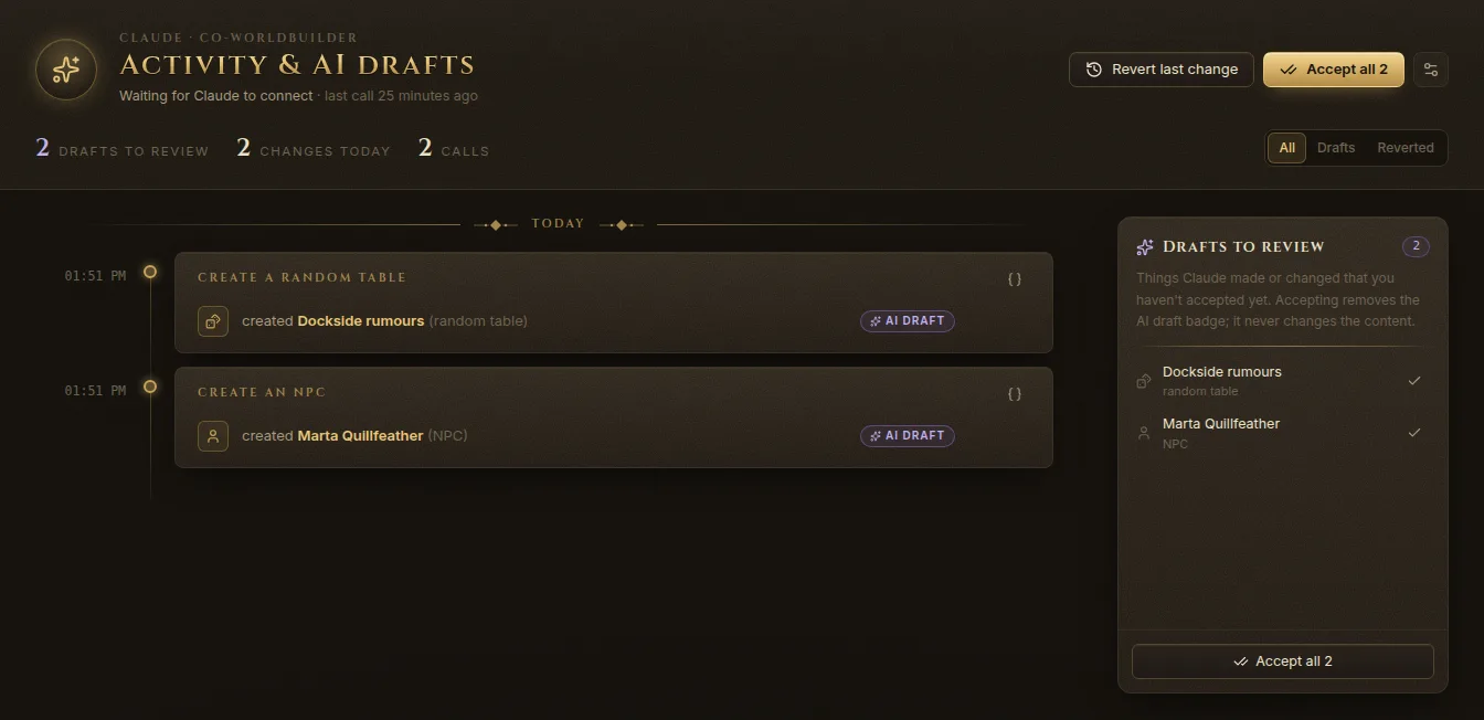 The Claude activity feed with two AI drafts and the Drafts to review list