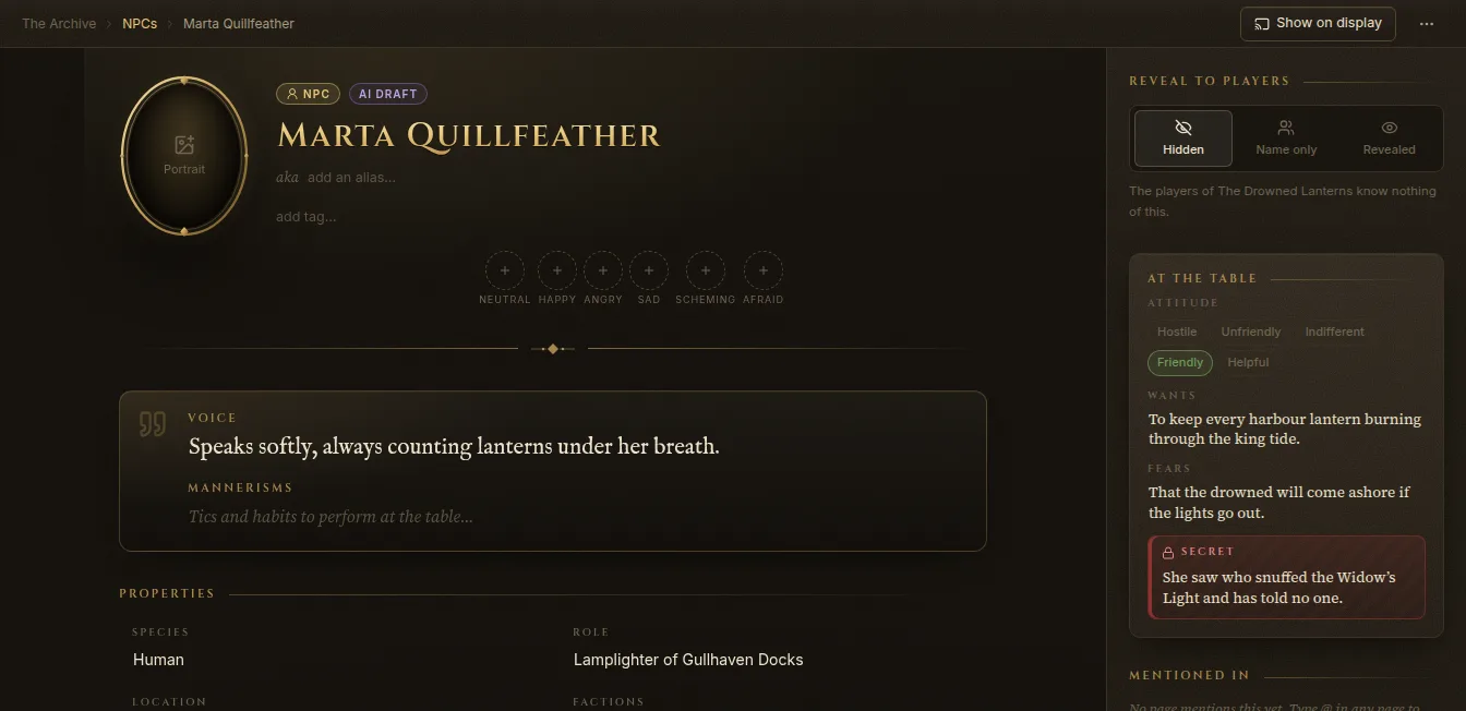 An NPC created by Claude, with the AI draft chip next to the NPC type