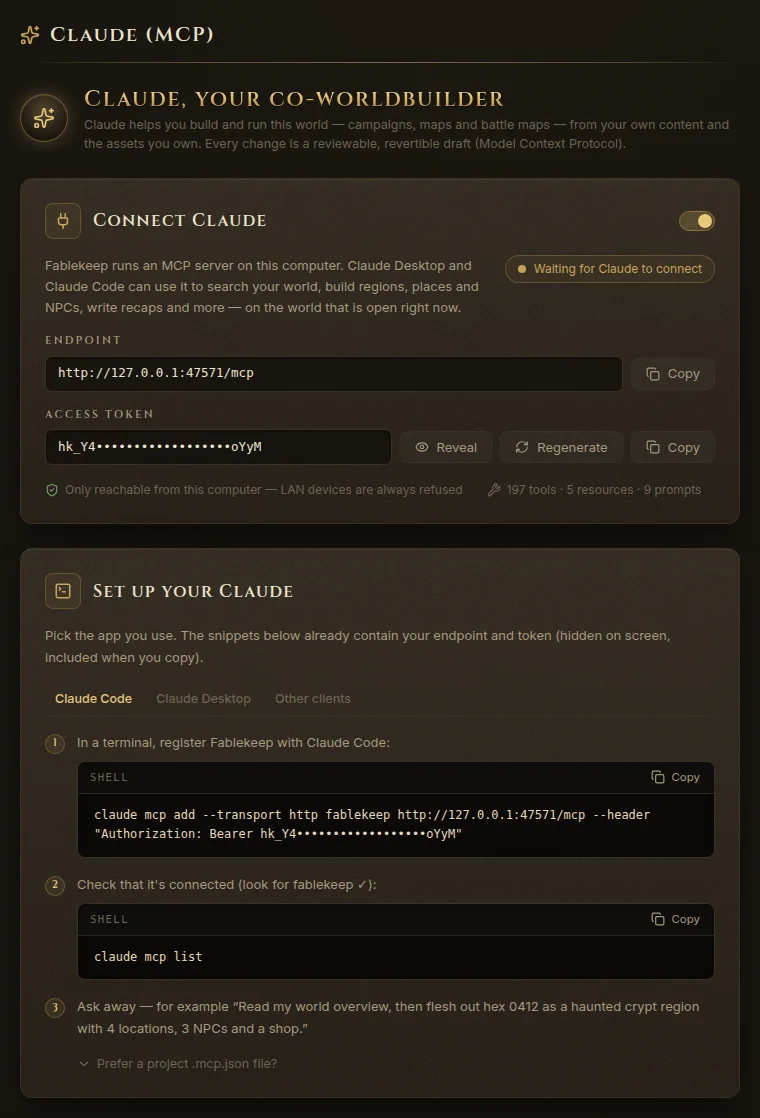 Settings, Claude (MCP) with the connection turned on, the endpoint, the masked token and the Claude Code setup steps