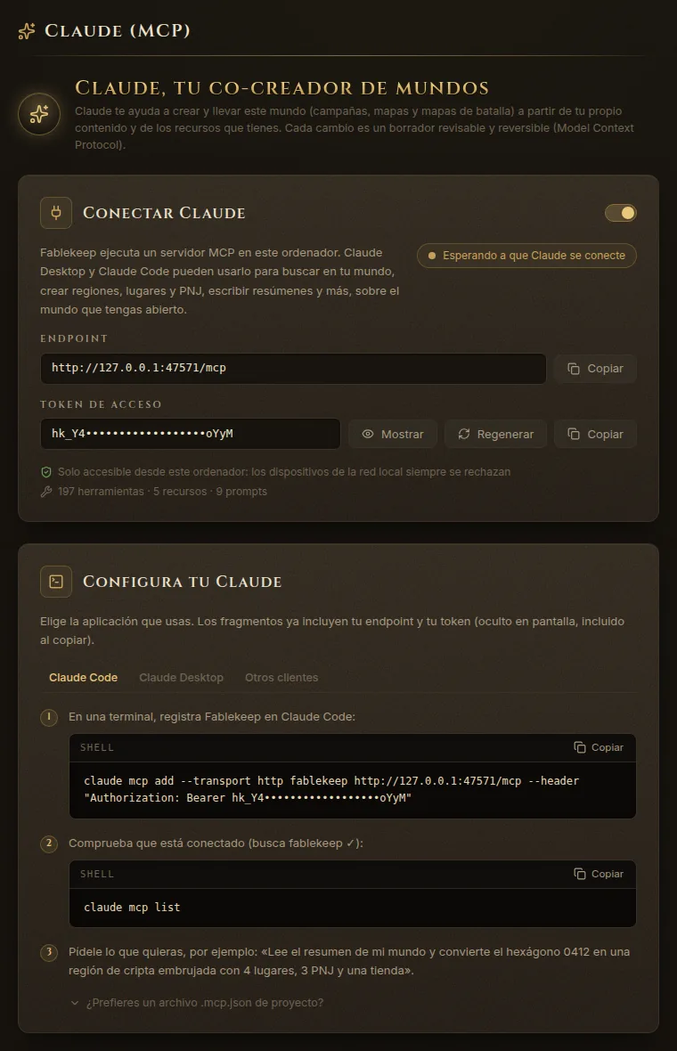 Ajustes, Claude (MCP) con la conexión activada, el endpoint, el token oculto y los pasos para Claude Code